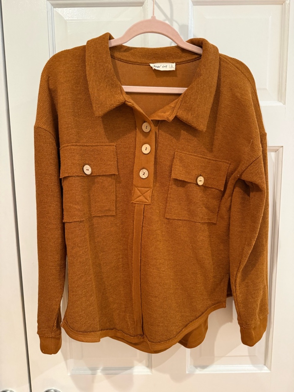 Button-Placket Crewneck Sweater in Rust